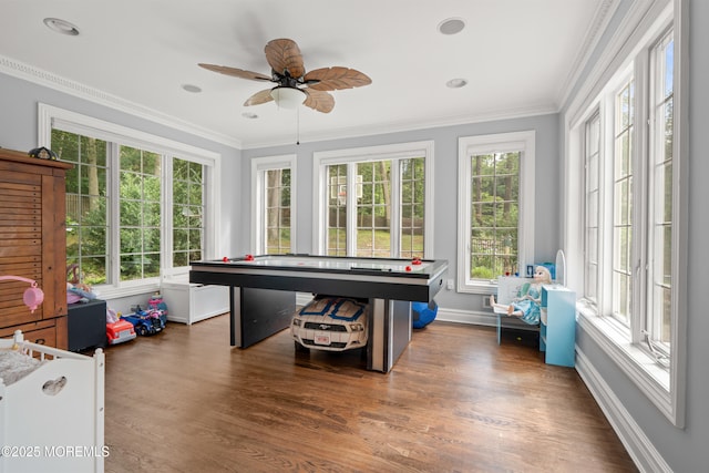 79 Cypress Neck Rd, Lincroft, NJ 07738 - rec room featuring plenty of natural light, wood finished floors, ceiling fan, and ornamental molding