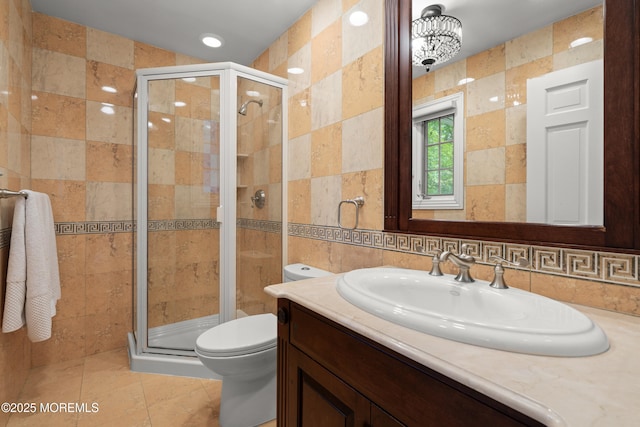 79 Cypress Neck Rd, Lincroft, NJ 07738 - bathroom with tile walls, vanity, a shower stall, tile patterned floors, and recessed lighting