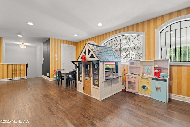 79 Cypress Neck Rd, Lincroft, NJ 07738 - recreation room featuring wood finished floors, wallpapered walls, and recessed lighting