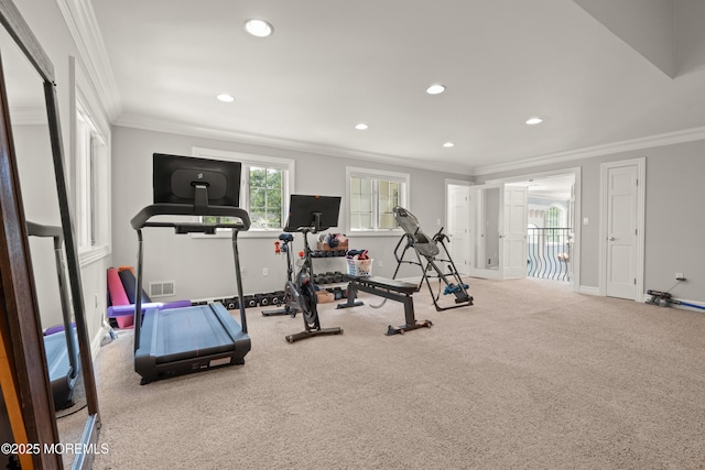79 Cypress Neck Rd, Lincroft, NJ 07738 - exercise room featuring crown molding, recessed lighting, and carpet floors
