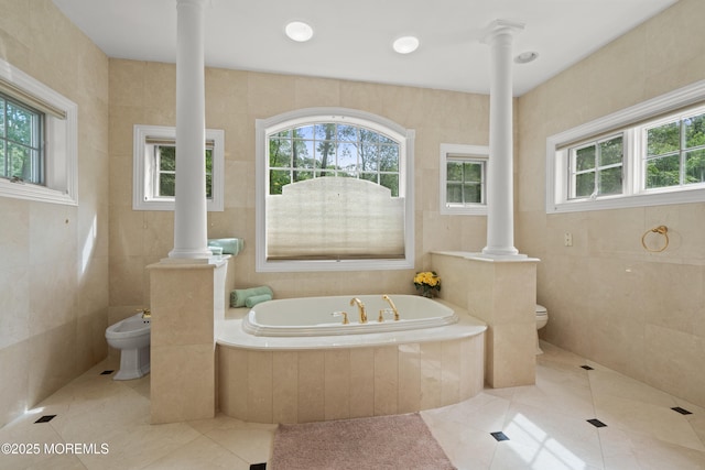 79 Cypress Neck Rd, Lincroft, NJ 07738 - full bathroom featuring ornate columns, plenty of natural light, and tile walls