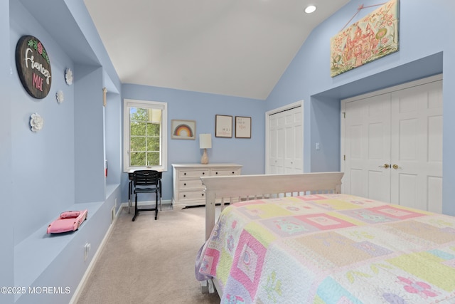 79 Cypress Neck Rd, Lincroft, NJ 07738 - bedroom featuring multiple closets, light colored carpet, vaulted ceiling, and recessed lighting