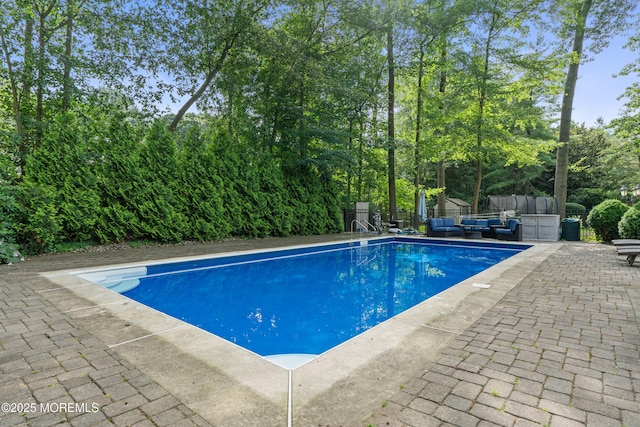 79 Cypress Neck Rd, Lincroft, NJ 07738 - swimming pool with outdoor lounge area, a patio area, and view of wooded area