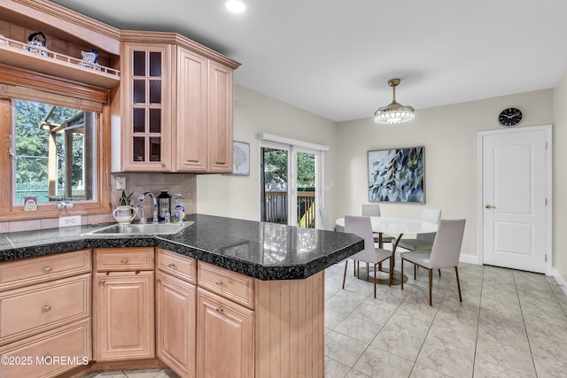 100 Case Rd, Lakewood, NJ 08701 - kitchen featuring tile countertops, light brown cabinets, glass insert cabinets, a peninsula, and recessed lighting