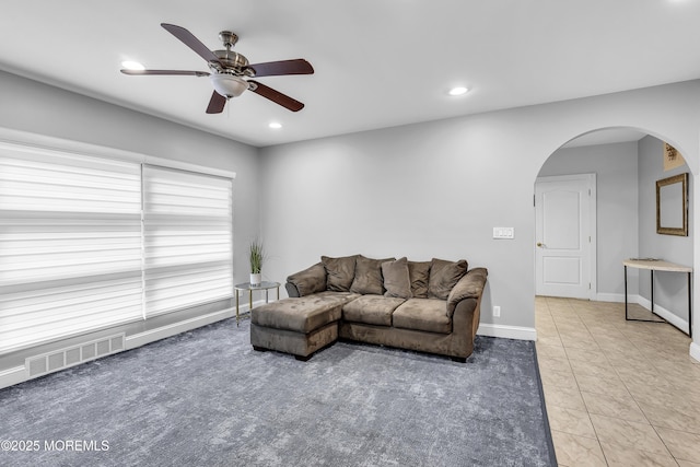 100 Case Rd, Lakewood, NJ 08701 - living area with arched walkways, ceiling fan, recessed lighting, and tile patterned floors