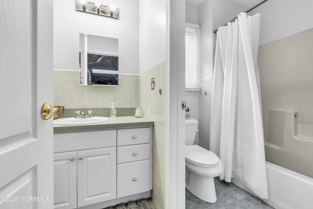 100 Case Rd, Lakewood, NJ 08701 - bathroom with tile walls, vanity, tile patterned floors, a wainscoted wall, and shower / bathtub combination with curtain