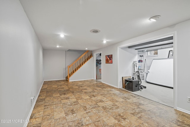 11 Hazelwood Ct, Howell, NJ 07731 - below grade area featuring stone finish flooring, stairs, and recessed lighting