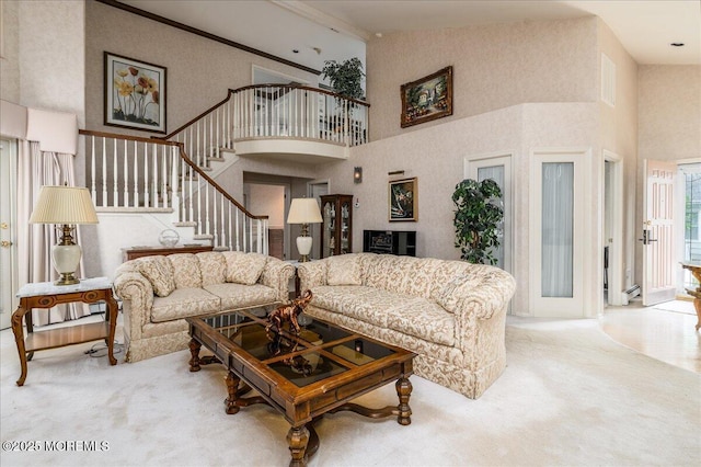 2331 Kira Ct, Toms River, NJ 08755 - living area featuring high vaulted ceiling, carpet floors, and stairway