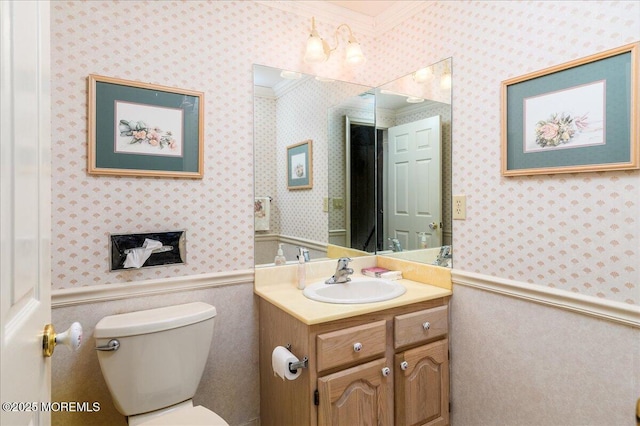 2331 Kira Ct, Toms River, NJ 08755 - half bath featuring wallpapered walls, crown molding, vanity, and wainscoting