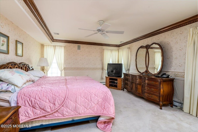 2331 Kira Ct, Toms River, NJ 08755 - bedroom with wallpapered walls, crown molding, light carpet, a wainscoted wall, and a baseboard radiator