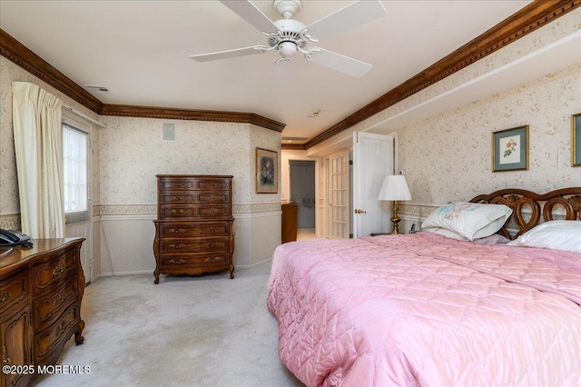 2331 Kira Ct, Toms River, NJ 08755 - bedroom featuring wallpapered walls, crown molding, light colored carpet, a wainscoted wall, and ceiling fan