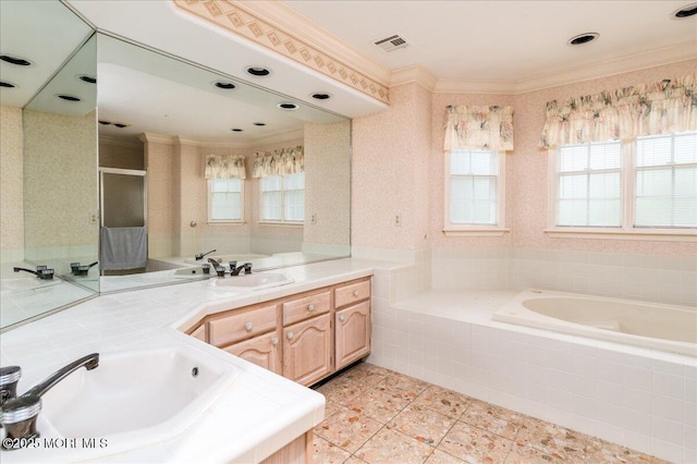 2331 Kira Ct, Toms River, NJ 08755 - full bathroom with crown molding, a garden tub, double vanity, tile patterned floors, and a shower