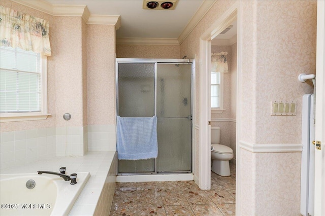 2331 Kira Ct, Toms River, NJ 08755 - full bathroom with wallpapered walls, a garden tub, a shower stall, and crown molding