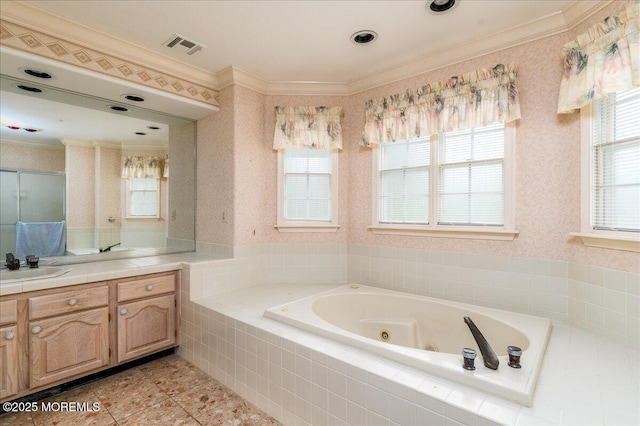 2331 Kira Ct, Toms River, NJ 08755 - full bath featuring crown molding, vanity, a whirlpool tub, tile patterned floors, and a shower with shower door
