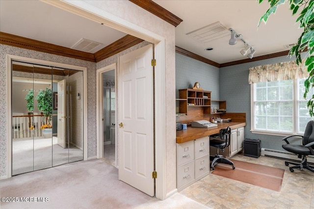 2331 Kira Ct, Toms River, NJ 08755 - office with ornamental molding, wallpapered walls, built in study area, baseboard heating, and track lighting