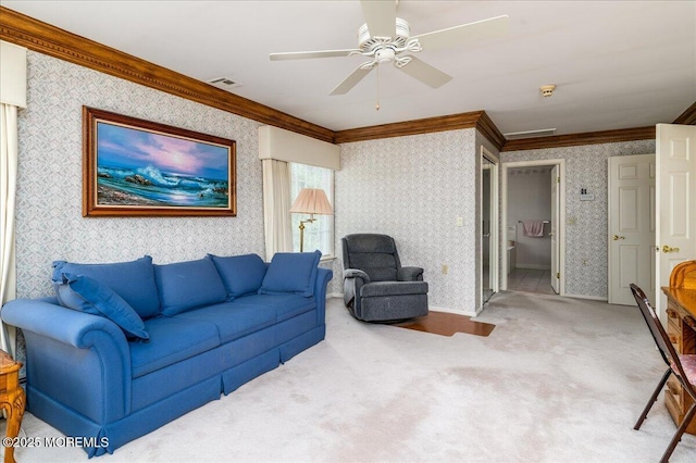2331 Kira Ct, Toms River, NJ 08755 - carpeted living area featuring crown molding, wallpapered walls, and a ceiling fan