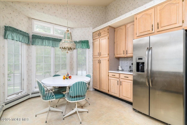 2331 Kira Ct, Toms River, NJ 08755 - kitchen with stainless steel fridge, wallpapered walls, light brown cabinets, light countertops, and backsplash