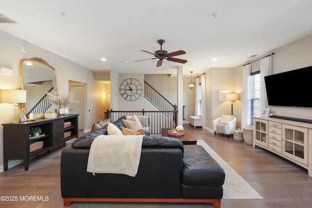 408 April Way, Middletown, NJ 07748 - living area with stairway, wood finished floors, a ceiling fan, and recessed lighting