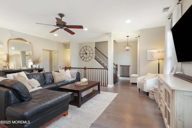 408 April Way, Middletown, NJ 07748 - living room featuring wood finished floors, ceiling fan, recessed lighting, and stairs