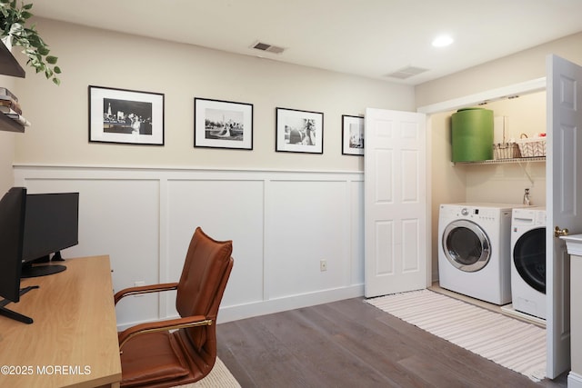 408 April Way, Middletown, NJ 07748 - laundry room featuring separate washer and dryer, wood finished floors, a decorative wall, a desk, and wainscoting