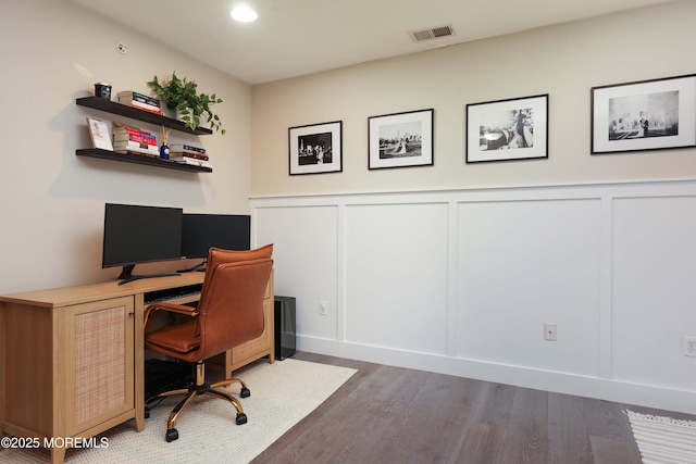 408 April Way, Middletown, NJ 07748 - home office featuring a decorative wall, wood finished floors, a wainscoted wall, and recessed lighting
