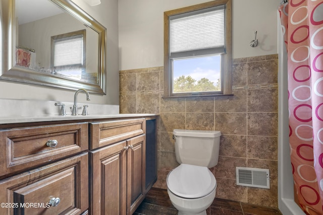 444 Pfister Rd, Jackson, NJ 08527 - bathroom with tile walls, vanity, wainscoting, and a shower with curtain