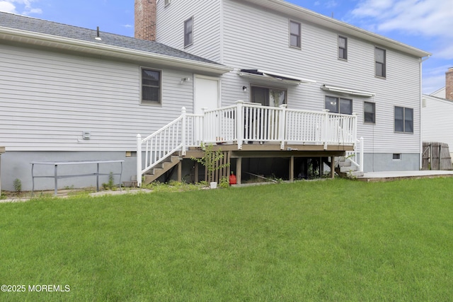 444 Pfister Rd, Jackson, NJ 08527 - back of house featuring a wooden deck, a lawn, stairway, and a chimney