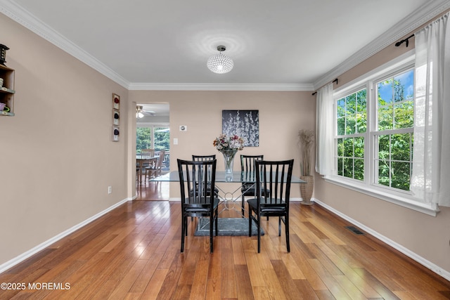 16 Arrowhead Way, Millstone, NJ 08535 - dining area with ornamental molding, light wood-type flooring, and ceiling fan