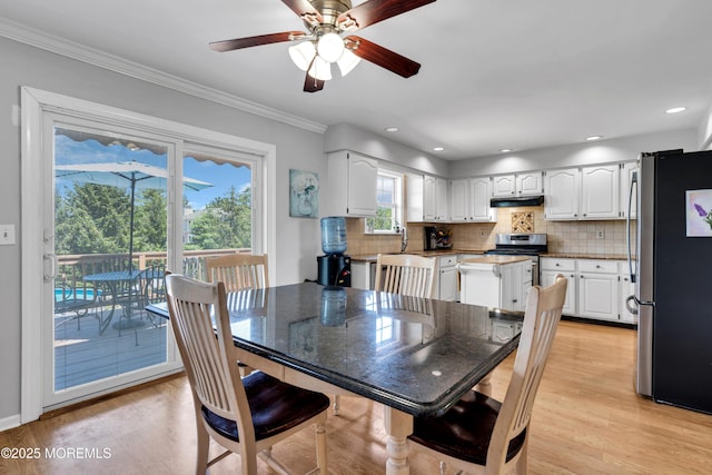 16 Arrowhead Way, Millstone, NJ 08535 - dining area featuring plenty of natural light, a ceiling fan, ornamental molding, light wood-style floors, and recessed lighting