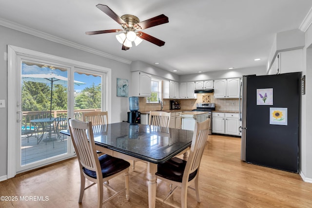 16 Arrowhead Way, Millstone, NJ 08535 - dining space featuring a ceiling fan, light wood finished floors, ornamental molding, and recessed lighting