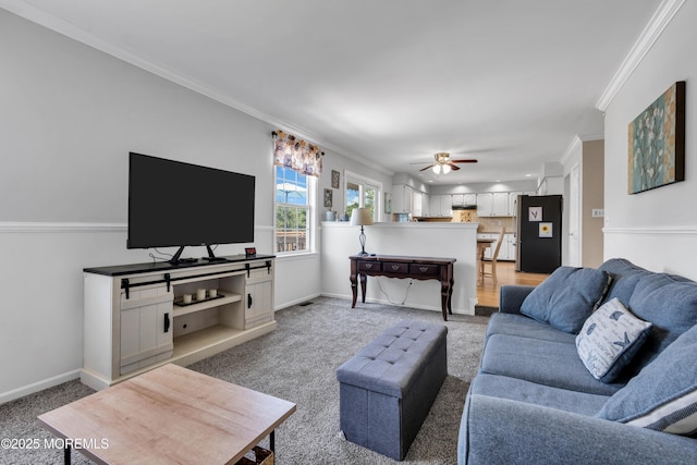 16 Arrowhead Way, Millstone, NJ 08535 - living room with crown molding, light colored carpet, and ceiling fan