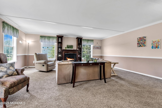16 Arrowhead Way, Millstone, NJ 08535 - carpeted living room with a glass covered fireplace and ornamental molding