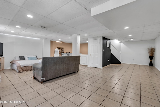 16 Arrowhead Way, Millstone, NJ 08535 - living area featuring stairway, recessed lighting, light tile patterned floors, and a drop ceiling