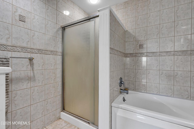 16 Arrowhead Way, Millstone, NJ 08535 - full bathroom with tile walls, a shower with shower door, and a bathtub