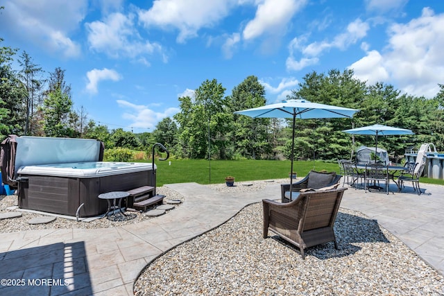 16 Arrowhead Way, Millstone, NJ 08535 - view of patio / terrace with a hot tub, outdoor dining area, and view of wooded area