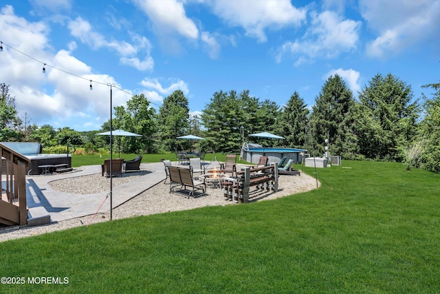 16 Arrowhead Way, Millstone, NJ 08535 - view of grassy yard featuring an outdoor fire pit, a patio area, and a swimming pool