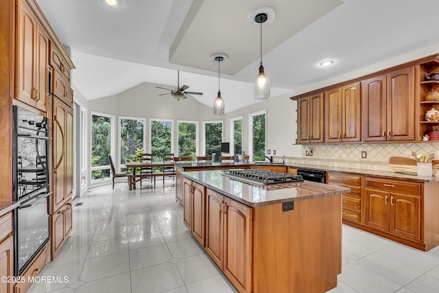 2 Shady Oak Ct, Millstone, NJ 08535 - kitchen with stainless steel gas cooktop, tasteful backsplash, vaulted ceiling, open shelves, and ceiling fan