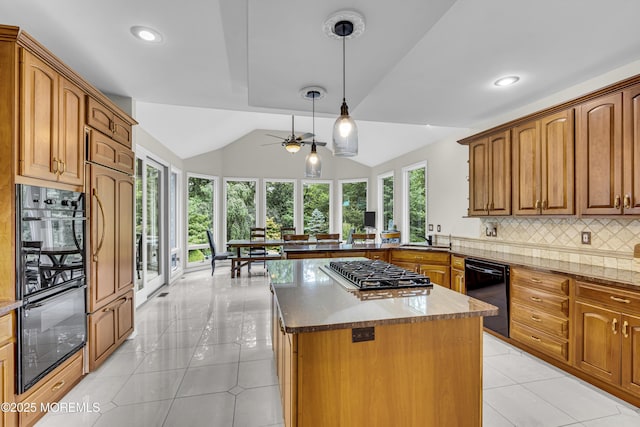 2 Shady Oak Ct, Millstone, NJ 08535 - kitchen with black appliances, a peninsula, light tile patterned flooring, vaulted ceiling, and backsplash