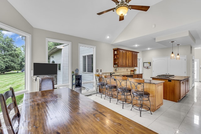 2 Shady Oak Ct, Millstone, NJ 08535 - kitchen with open shelves, backsplash, a peninsula, light tile patterned floors, and ceiling fan