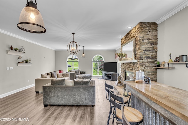 2 Shady Oak Ct, Millstone, NJ 08535 - living room with wood finished floors, crown molding, a chandelier, and recessed lighting