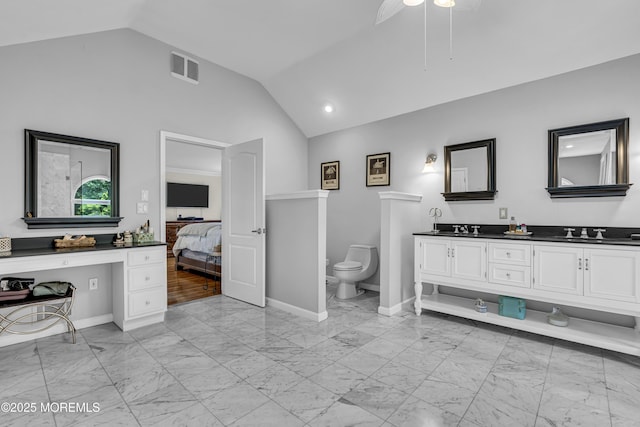 2 Shady Oak Ct, Millstone, NJ 08535 - ensuite bathroom with vaulted ceiling, marble look tiles, double vanity, and ceiling fan