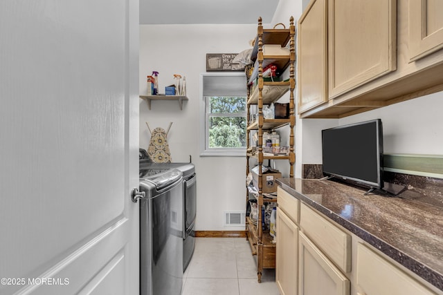 2 Shady Oak Ct, Millstone, NJ 08535 - laundry area featuring washer and clothes dryer, cabinet space, and light tile patterned flooring