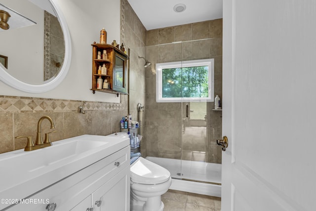 2 Shady Oak Ct, Millstone, NJ 08535 - bathroom with tile walls, vanity, a shower stall, and tile patterned flooring