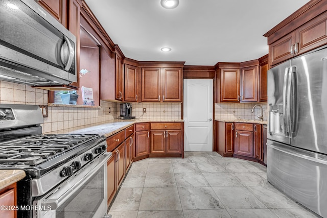 2 Shady Oak Ct, Millstone, NJ 08535 - kitchen featuring appliances with stainless steel finishes, backsplash, light stone countertops, recessed lighting, and brown cabinets