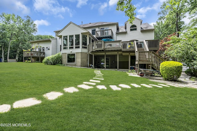 2 Shady Oak Ct, Millstone, NJ 08535 - rear view of property with a deck, a lawn, and stairway