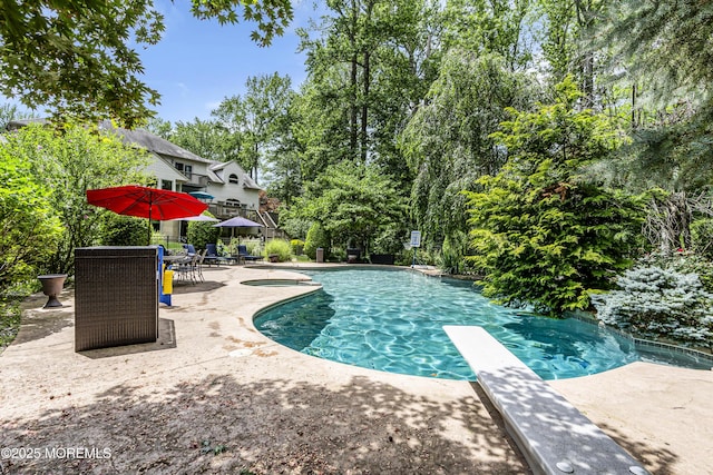 2 Shady Oak Ct, Millstone, NJ 08535 - outdoor pool with a patio area, a diving board, and view of scattered trees