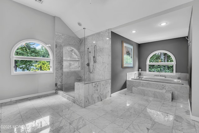 2 Shady Oak Ct, Millstone, NJ 08535 - bathroom with marble tiled floors, a bath, a marble finish shower, lofted ceiling, and recessed lighting