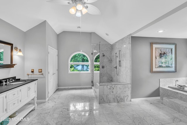 2 Shady Oak Ct, Millstone, NJ 08535 - bathroom with marble look tiles, a bath, a ceiling fan, vanity, and vaulted ceiling