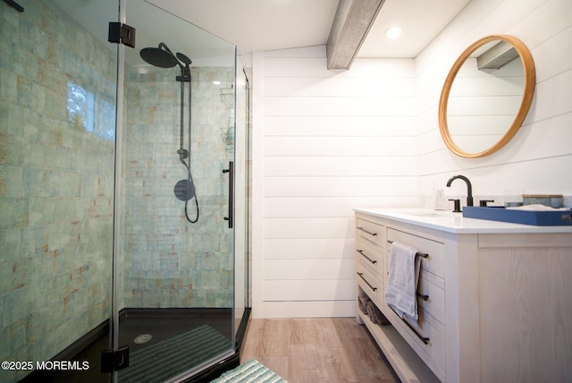 1730 Newman St, Belmar, NJ 07719 - bathroom with wood finished floors, vanity, a stall shower, and recessed lighting