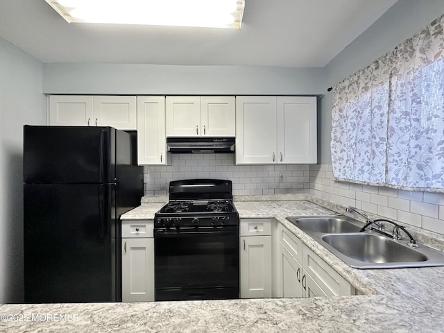 148 Delaware Trl, Lakewood, NJ 08701 - kitchen with black appliances, under cabinet range hood, decorative backsplash, and white cabinets